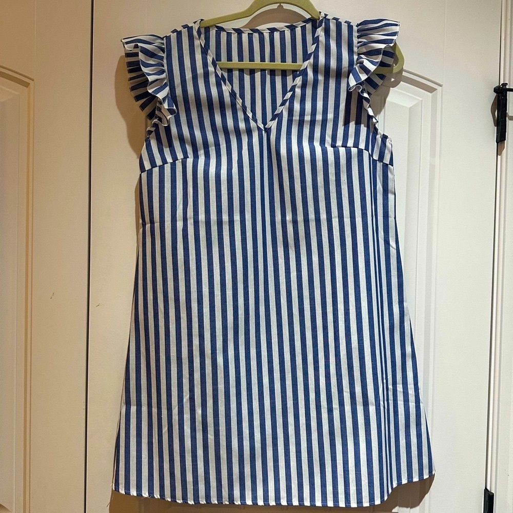 Blue and White Striped Dress with ruffled sleeves
